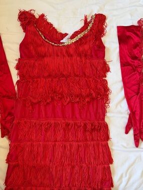Red Fringe Mini Dress with decorated Neckline and matching fringe gloves